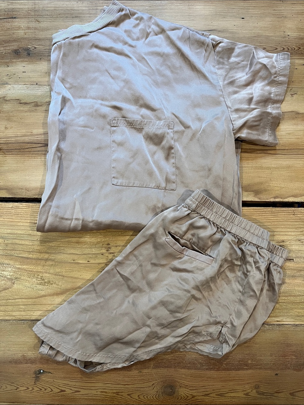 LUNYA XS/S Washable Silk Oversized Sleep Tee & Shorts Matching Set Ribbed